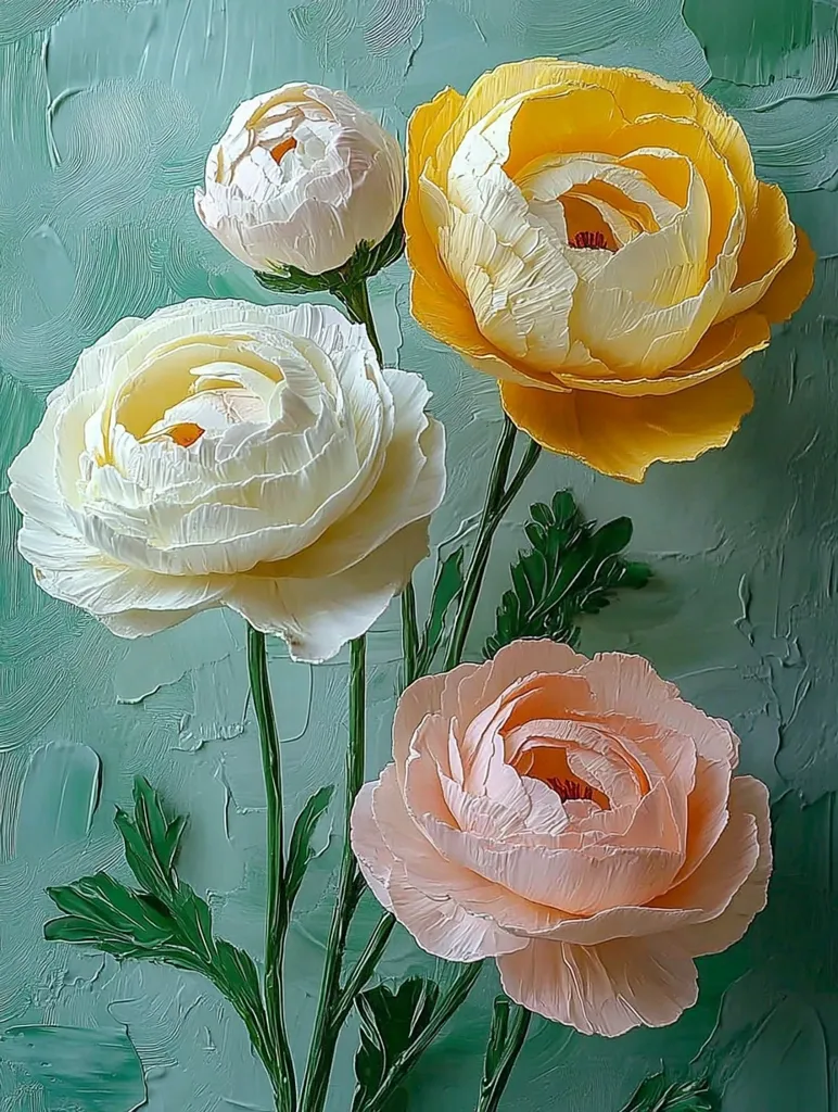 The image showcases a cluster of delicate, paper-like flowers against a textured, teal background.  There are four blossoms, each with intricate layers of petals. The largest flower is a vibrant yellow, while the others are in shades of cream and peach.  The flowers appear to be handmade, with meticulous attention to detail.  The overall composition is reminiscent of a botanical illustration, capturing the beauty and fragility of nature.