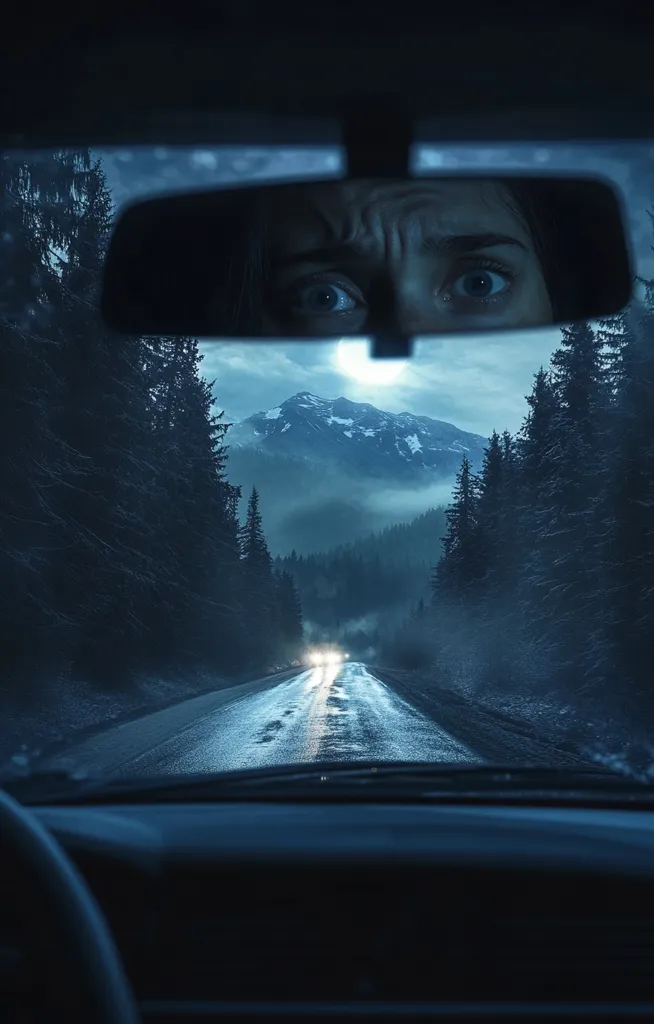 The image shows a car driving down a winding road at night. The road is illuminated by headlights, and there are trees lining the sides. The rearview mirror shows the reflection of a person with wide, fearful eyes, creating a sense of suspense and mystery. The mountains in the distance and the foggy atmosphere add to the eerie mood. The overall image evokes a feeling of isolation and unease.