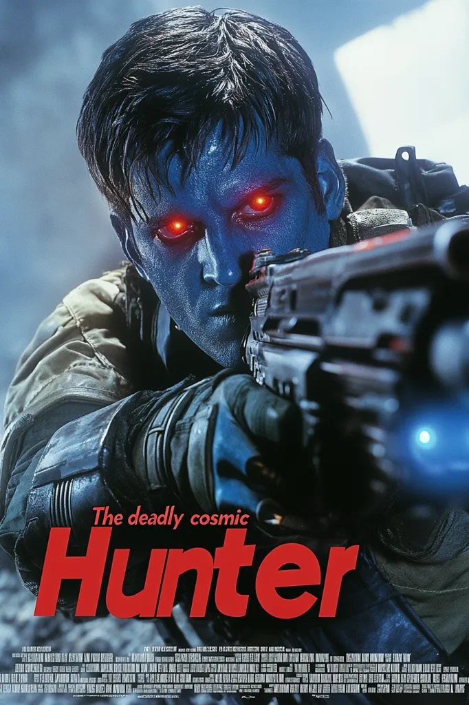 The image is a movie poster for "The Deadly Cosmic Hunter". It features a man with blue skin and glowing red eyes aiming a futuristic gun. He is dressed in military gear and the background is a blurry, abstract image of a city. The poster has a dark and gritty aesthetic, suggesting a sci-fi action thriller.  The title of the film is written in large, red letters.