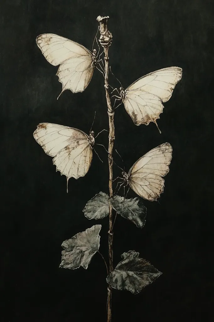 A black and white drawing of four butterflies perched on a thin stem, their wings spread out in a delicate dance. The stem reaches up towards the top of the image, adorned with leaves that frame the fluttering butterflies. The stark contrast of the black background against the white butterflies creates a striking and dramatic composition.