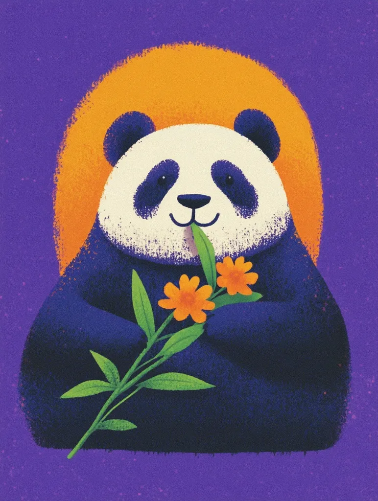 A cartoon panda with black and white fur is depicted holding a bouquet of three yellow flowers with green stems and leaves. The panda is sitting in front of an orange half-circle with a purple background. The panda has a happy expression and is looking at the viewer. The image is illustrated in a simple, playful style.  The overall tone is lighthearted and joyful.