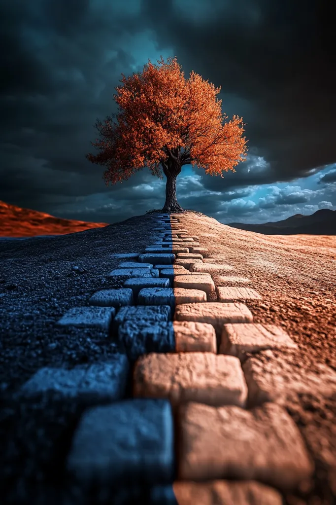 A lone tree with orange leaves stands atop a hill against a backdrop of stormy clouds.  The hill is split in two by a stone path, one side dark and the other light, creating a stark contrast. The path leads the eye upwards towards the tree, symbolizing a journey or a choice. The scene evokes a sense of mystery and contemplation.