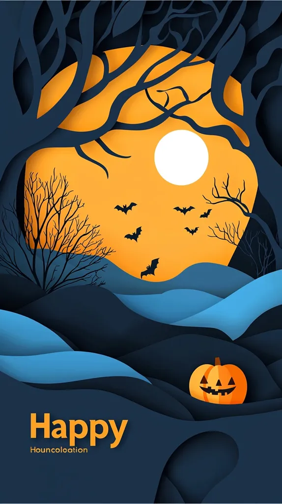 The image is a Halloween-themed paper cut-out design. It features a large orange moon with a white circle in the center, surrounded by black branches and bats. The background is a dark blue, with a carved pumpkin peeking out from the bottom. The words "Happy" and "Houncolocation" are written in orange letters at the bottom.  The overall design is playful and festive, evoking a sense of spooky fun.