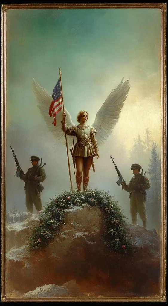 The painting depicts an angelic figure standing on a rocky outcrop with a large American flag. The angel, a young man with wings, holds the flagstaff and wears a tunic and sandals. Two soldiers, one on each side, stand with rifles, facing the angel. The background is a hazy landscape with trees and a faint sunrise. The scene suggests a moment of triumph or inspiration, perhaps celebrating the bravery of soldiers.