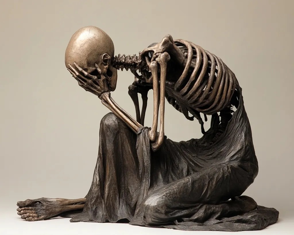 A bronze sculpture of a skeletal figure in a fetal position. Its skull is resting on its hands, and its body is draped in a cloth. The sculpture conveys a sense of sorrow, despair, and vulnerability. The intricate details of the bones and the flowing cloth create a haunting and beautiful piece.