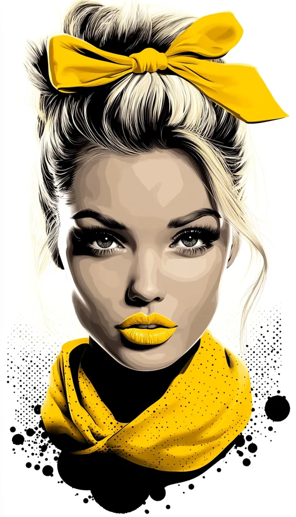 The image is a digital illustration of a woman with blonde hair styled in a bun with a bright yellow bow. Her face is  shown in close-up, with a dramatic, bold makeup look featuring dark eyeshadow and bright yellow lipstick.  She is wearing a yellow scarf around her neck, and the background is a black and white splattered pattern.  The image is stylized and dramatic, using strong contrast and graphic lines.  The overall impression is one of fashion and beauty.