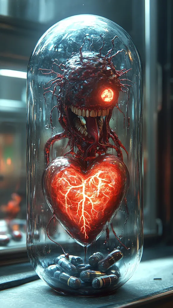 The image shows a grotesque, fleshy creature with a single glowing red eye and sharp teeth, imprisoned within a glass jar. It holds a pulsating, fiery heart in its clutches, and a scattering of pills lay at the bottom of the jar. The creature's menacing expression and the overall imagery suggest a dark and unsettling concept. The image is rendered with hyperrealistic detail, creating a sense of both beauty and unease.