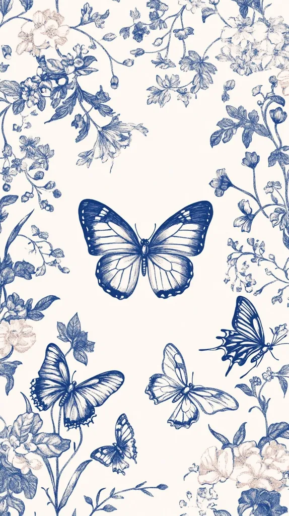 The image is a delicate blue and white illustration of a floral garden scene with butterflies. The background features intricate blue floral designs arranged around a central, large butterfly with its wings spread wide. Smaller butterflies are scattered throughout the image, adding to the sense of a vibrant and lively garden. The overall style is elegant and intricate.