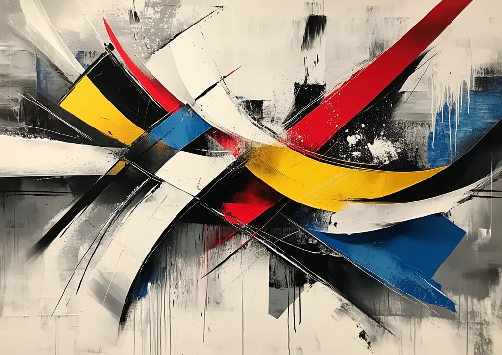 The abstract painting features bold strokes of black, red, yellow, and blue on a white background. The colors are layered and overlapping, creating a sense of depth and movement. The painting is dynamic and energetic, with a sense of spontaneity. The overall effect is one of energy and movement, with the colors dancing and swirling around the canvas.