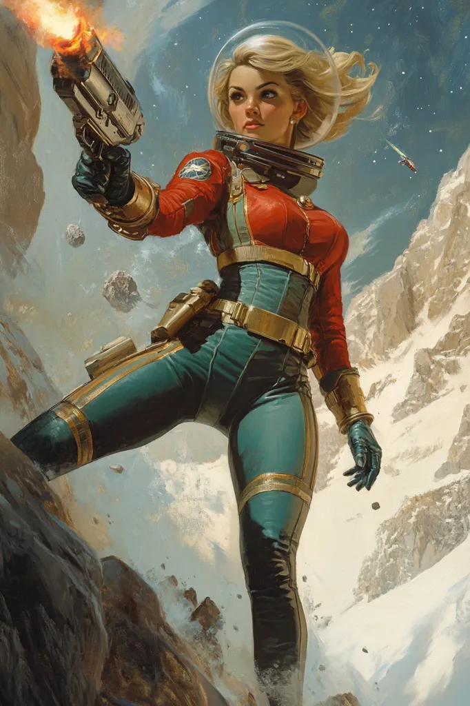 A female astronaut in a futuristic spacesuit holds a futuristic pistol in her right hand. She wears a helmet with a clear visor. Her left hand is resting on her hip. She is standing on a rocky terrain with snow in the background. The sky is filled with stars and a small spaceship flies in the distance. The scene is painted in a realistic style with vibrant colors.