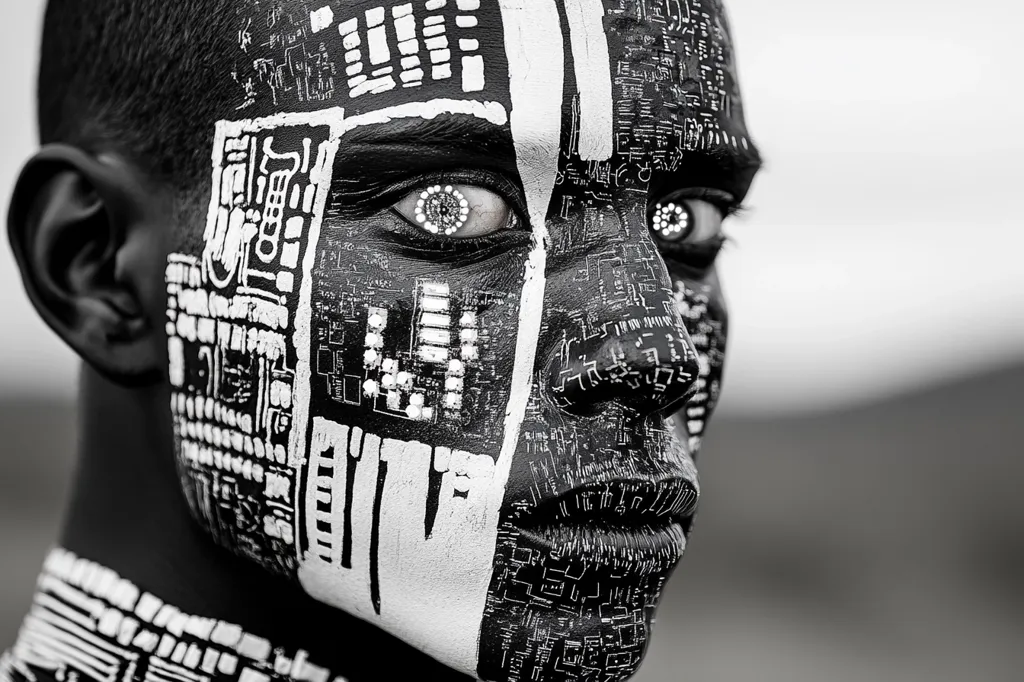 The image is a close-up portrait of a person with black skin and white paint patterns on their face. The patterns resemble circuit boards and are symmetrical. The person's eye is visible and has a white contact lens, which appears to be a technological enhancement. The image is in black and white, giving it a futuristic and stark aesthetic.