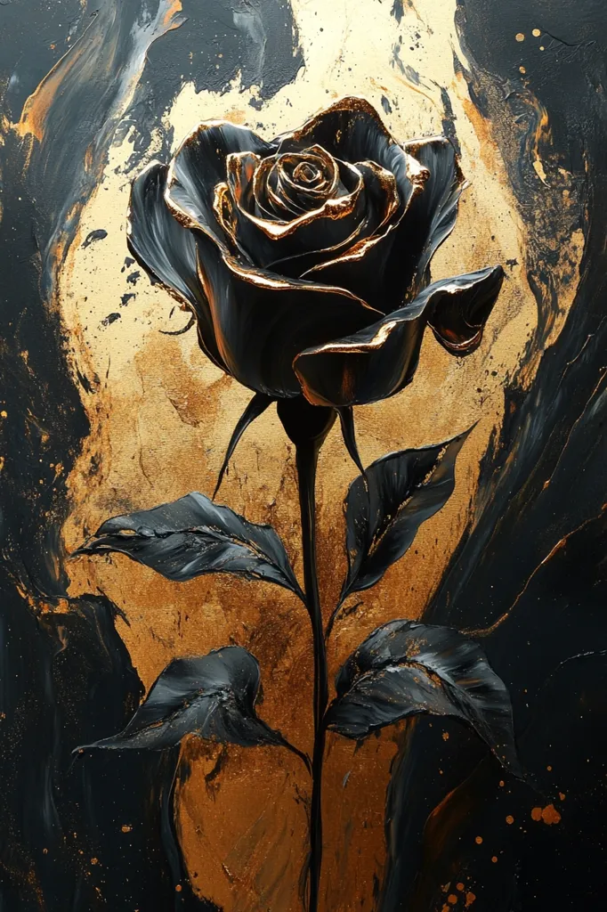 The image depicts a single black rose with gold accents, standing tall against a backdrop of black and gold abstract brushstrokes. The rose's petals are thick and textured, giving it a luxurious and almost sculptural appearance. The golden background evokes a sense of richness and opulence, while the black rose adds a touch of mystery and elegance. The composition is simple yet striking, creating a captivating interplay of light and shadow.