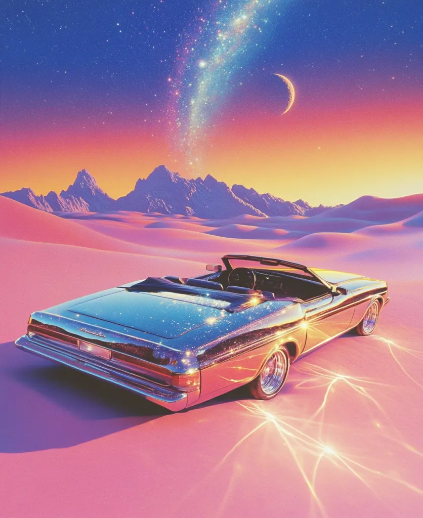 A silver classic car sits in the middle of a pink desert, with a crescent moon and a sparkling galaxy overhead. The car is gleaming under the soft sunset light,  casting a warm glow on the sand. The scene is surreal and dreamlike, with a vintage aesthetic.  The overall atmosphere is calm and peaceful.