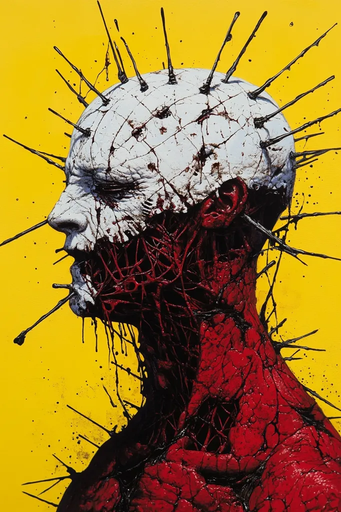 The image depicts a grotesque, monstrous figure with a head covered in sharp, black spikes. The figure's skin is a sickly white, with red veins and streaks of blood running down its face and neck. Its eyes are closed, and its mouth is open in a silent scream. The background is a stark yellow, creating a stark contrast with the figure's gruesome appearance. The image is unsettling and disturbing, suggesting pain, suffering, and the horrors of the unknown.