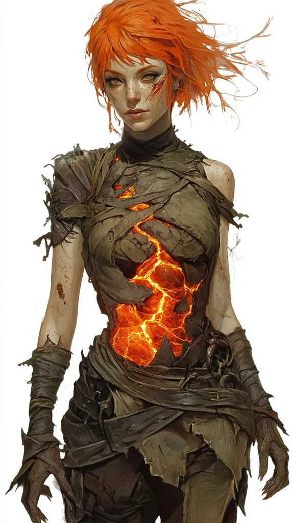 The image depicts a woman with fiery orange hair and intense blue eyes. Her clothing is torn and tattered, revealing a glowing, fiery core that pulses with molten energy. The woman's fierce expression suggests a powerful and dangerous nature, perhaps a warrior or a sorceress who has embraced the flames within. The dramatic lighting and the contrast between the woman's fiery core and her torn clothing create a visually striking and powerful image.