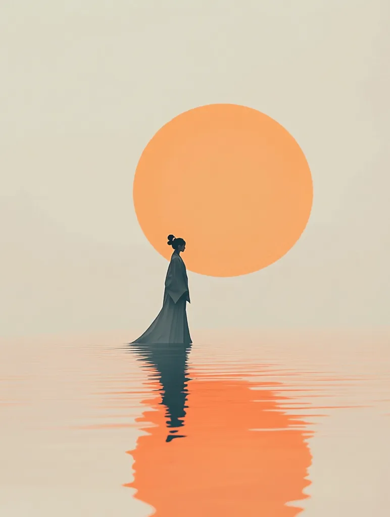 A lone figure, clad in a long robe, stands in the middle of a serene body of water.  The figure is silhouetted against a large, orange sun that appears to be setting on the horizon.  The reflection of the sun and the figure ripple gently on the water's surface.  The scene is minimalist and serene, evoking a sense of peace and solitude.