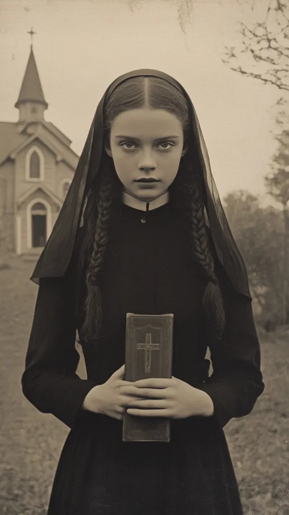 A young woman in a black dress and veil stands in front of a church, holding a book with a cross on it. Her long braids fall down her back, and she looks at the camera with a somber expression. The image is in a sepia tone, giving it a vintage and mysterious feel.