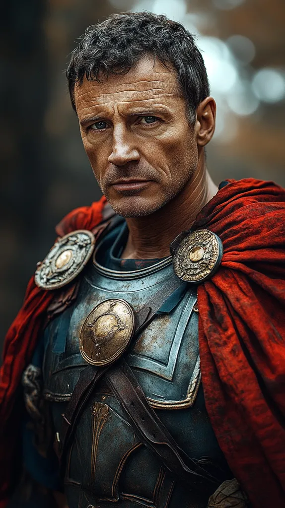 A man in a Roman centurion's armor stands with a serious expression. He wears a dark blue breastplate adorned with golden accents and a red cloak draped over his shoulders. The armor is intricately detailed, with straps and buckles, and a large round shield on his chest. His short, dark hair is styled neatly, and he gazes directly at the camera. The background is blurred, suggesting a forest setting.