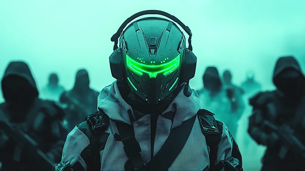 A lone figure in a futuristic helmet with glowing green lights stands in front of a blurred group of soldiers, all dressed in black. The scene is set against a hazy blue-green backdrop. The image evokes a sense of mystery and anticipation, hinting at a secret mission or impending danger. The lighting is stark and dramatic, emphasizing the helmet and the figure's silhouette.