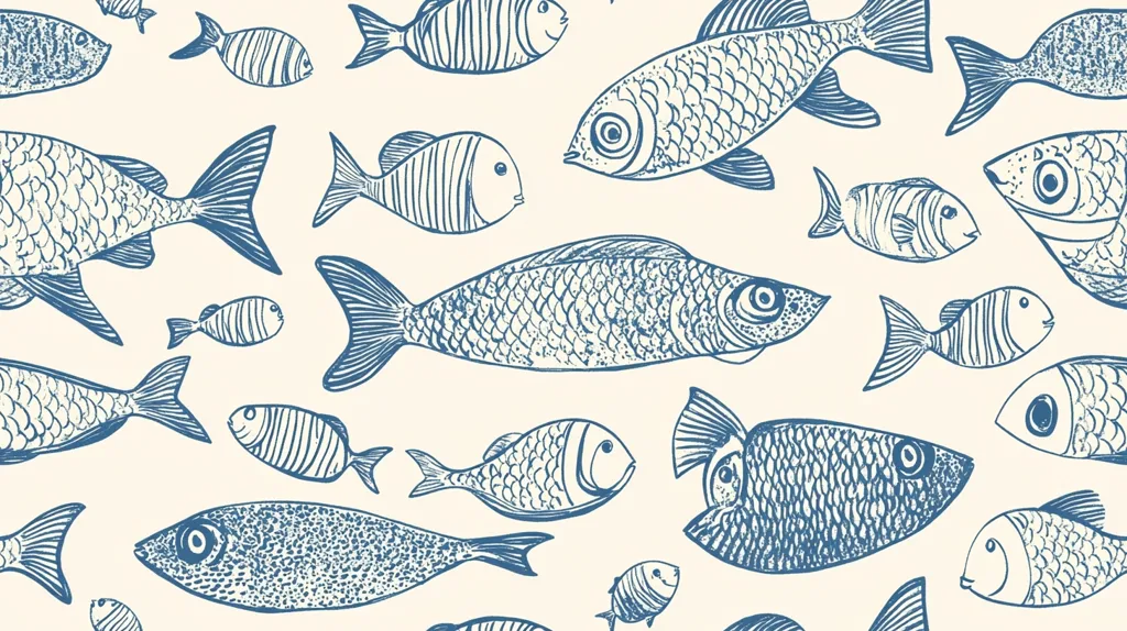 The image features a pattern of blue fish on a cream background. The fish are drawn in a simple, hand-drawn style, with a variety of shapes and sizes. Some fish have scales, while others have a more abstract pattern. The image has a whimsical and playful feel.