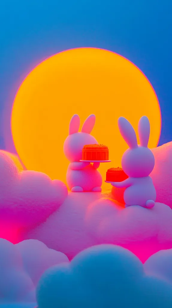 Two white bunny figurines stand on a cloud with a large orange circle behind them. The bunnies are holding red mooncakes. The image has a vibrant color scheme of pink, blue, and orange. It is a whimsical scene that evokes a sense of joy and celebration.
