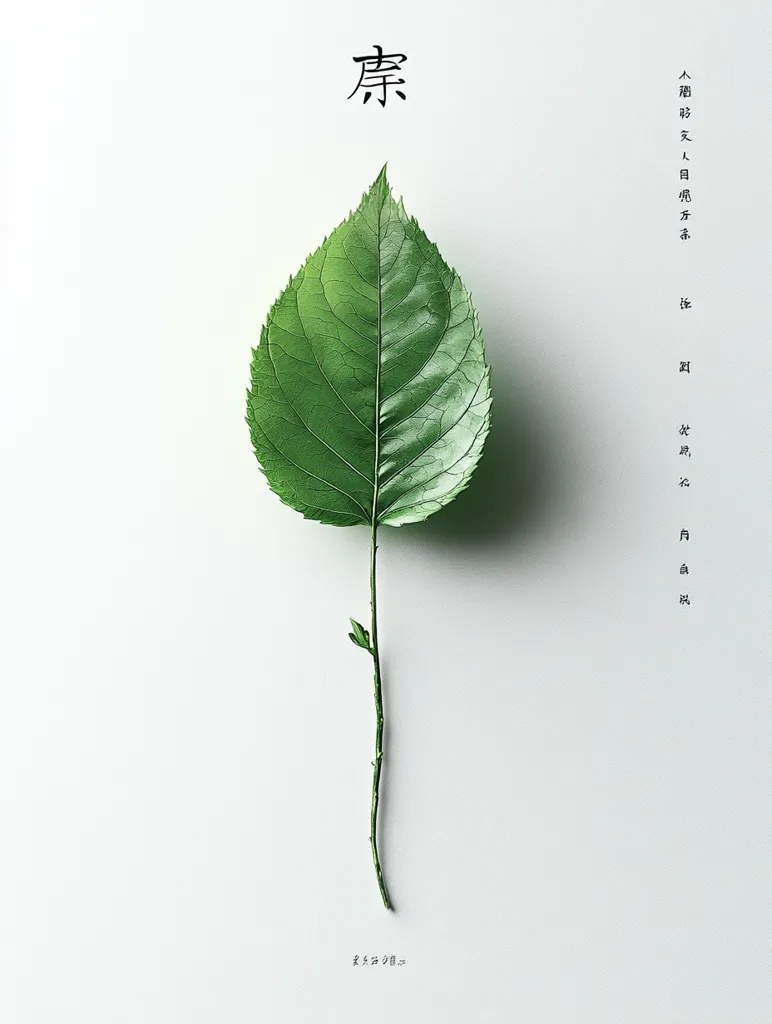 The image shows a single green leaf on a thin stem against a white background. The leaf is large and has a prominent central vein. The stem is straight and slender. The image is minimalist in style and evokes a sense of calm and serenity. The Chinese character in the top center translates to "spring" or "beginning." On the right side of the image, the text in Chinese reads: "The beginning of spring is a good time for the flowers to bloom." The image is a simple yet elegant representation of new beginnings and growth.