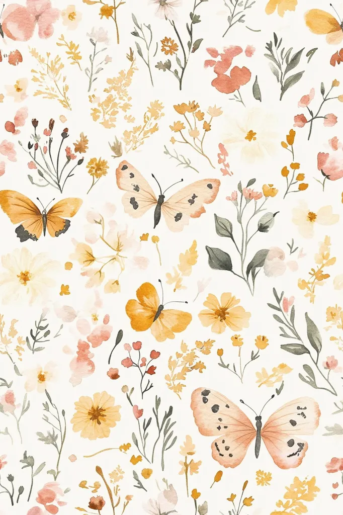 A delicate watercolor pattern featuring butterflies and wildflowers. The butterflies are painted in shades of orange and peach, while the flowers are in shades of yellow, pink, and white. The background is a soft white, creating a dreamy and ethereal effect. The pattern is perfect for a variety of projects, from home decor to fabric design.