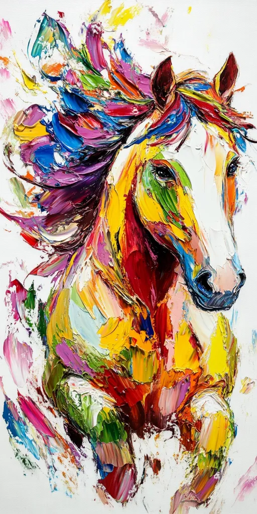 The painting depicts a horse's head in a vibrant, abstract style. The horse's mane and body are rendered in thick strokes of bright colors, including red, yellow, blue, and green. The background is a white canvas, creating a stark contrast with the horse's colorful form. The artist's use of thick paint and dynamic brushstrokes creates a sense of movement and energy. The horse's expression is one of power and determination.