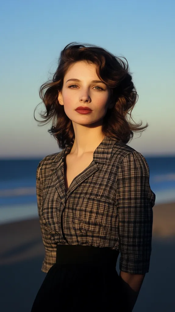 A young woman with dark, wavy hair stands against a beach background. She is wearing a brown and black plaid shirt with a black skirt. Her lips are painted a deep red, and she has a serious expression on her face. The sun is setting in the background, casting a warm glow on the scene.