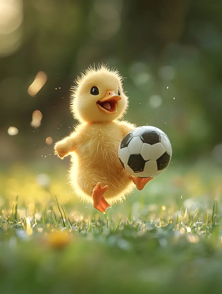 A fluffy yellow duckling with a wide, happy smile is playing soccer. It is holding a black and white soccer ball with its feet, as if it is about to kick it. The background is a blurry green field with some out-of-focus bokeh lights. The duckling looks adorable and playful.  The image evokes a sense of joy and wonder.