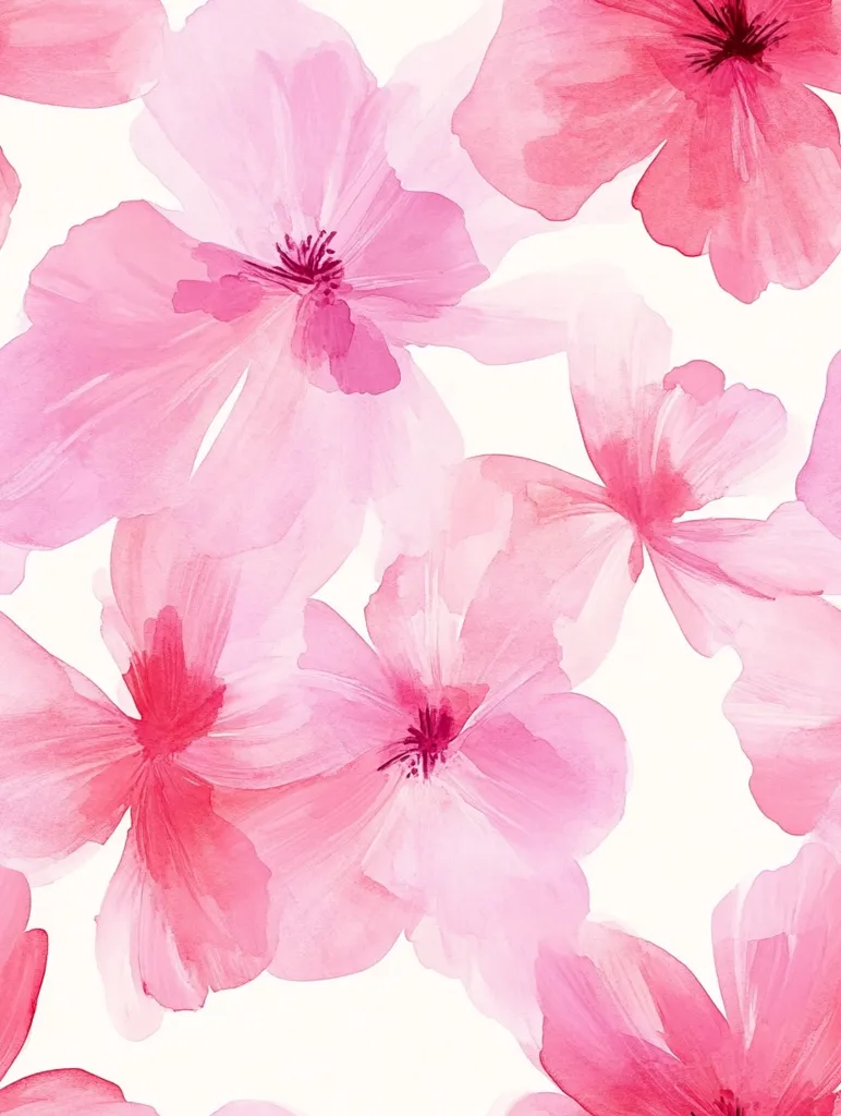 The image is a watercolor painting of pink flowers on a white background. The flowers are delicate and translucent, with soft edges and subtle variations in color. The overall effect is dreamy and romantic. The flowers are arranged in a loose, flowing pattern, creating a sense of movement and energy. The image evokes a sense of peace and tranquility, with its soft colors and gentle forms.