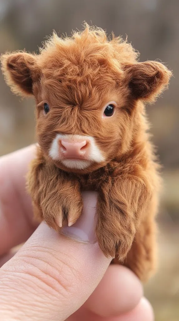 A small, fluffy calf with a pink nose and large, dark eyes is being held by a human hand. The calf's fur is a light brown color and its ears are perky. The calf looks up at the camera with a curious expression on its face. The calf's hooves are visible in the photo, as are the human's fingers. The background of the image is blurred.