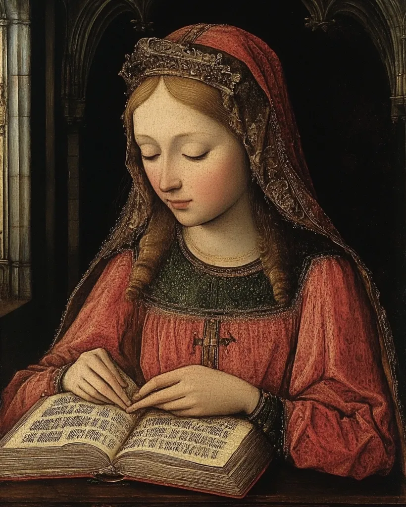 The painting depicts a young woman, likely a saint or a noblewoman, dressed in a richly embroidered red gown and a gold-trimmed veil. She sits with her head bowed, her eyes closed, and her hands clasped over a large, open book. The woman's expression is one of devotion, suggesting a moment of prayer or contemplation. The dark background and the intricate details of the woman's attire and the book create a sense of solemnity and reverence. The painting is a testament to the beauty and artistry of Renaissance art, and it evokes a sense of spirituality and quiet contemplation.