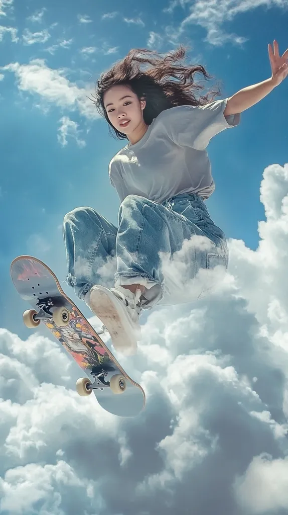 A young woman in a white t-shirt and blue jeans is skateboarding in the sky. The skateboard is upside down, and she is looking down at the camera with a mischievous grin. Her hair is long and flowing, and the sky is filled with fluffy white clouds. The image has a dreamy and whimsical feel.