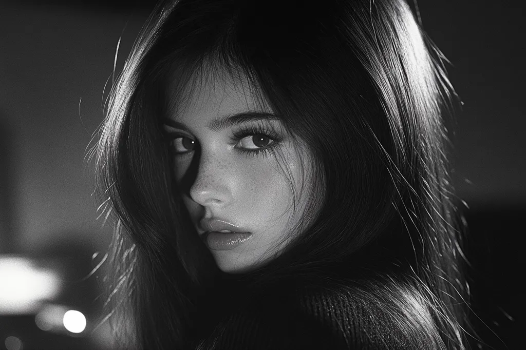 A black and white portrait of a young woman with long dark hair, looking over her shoulder with a subtle smile. Her eyes are captivating, and her features are delicate. The image is shot with soft lighting, highlighting her skin and hair. There is a slight blur in the background, adding to the sense of intimacy and depth.  She wears a sweater, hinting at warmth and comfort.  The overall mood is enigmatic and alluring.