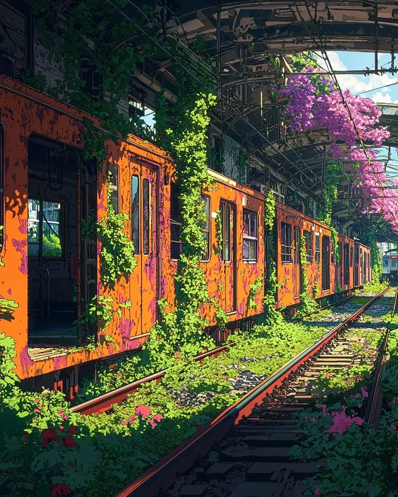 A train station platform covered in foliage, with a long, abandoned train covered in vines and flowers. The rusted train cars are a vibrant orange, contrasted against the lush greenery. The tracks lead to a bright blue sky, and the overall scene is one of peaceful abandonment.