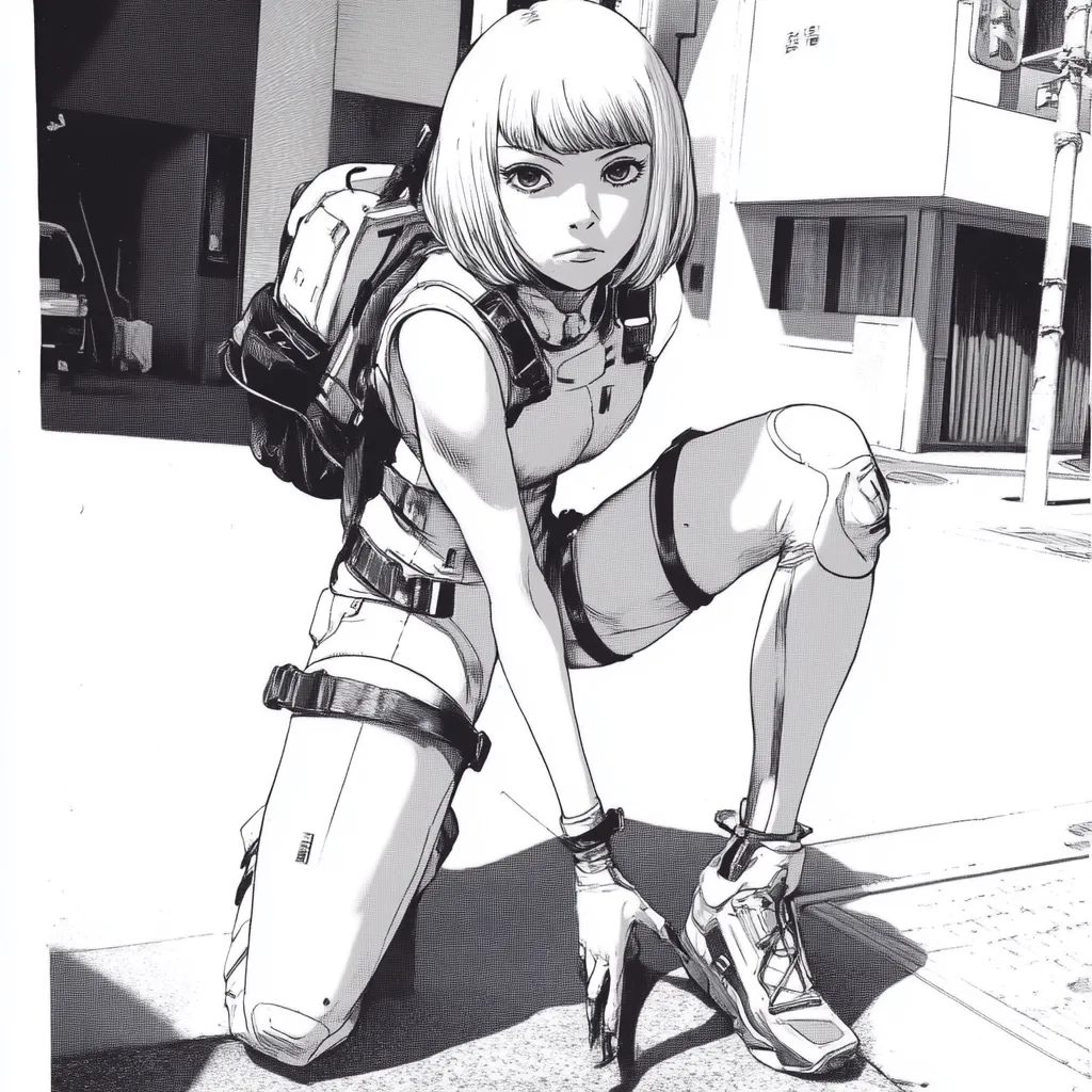 A young woman with short, straight hair is drawn in a black and white illustration. She is kneeling in a city alleyway, looking down at her feet as she adjusts her boots. She is wearing a sleeveless jumpsuit and a large backpack with straps around her chest. Her expression is determined, and she appears to be ready for action. The image has a gritty, urban aesthetic, and the woman's outfit and posture suggest that she is a capable and resourceful individual.