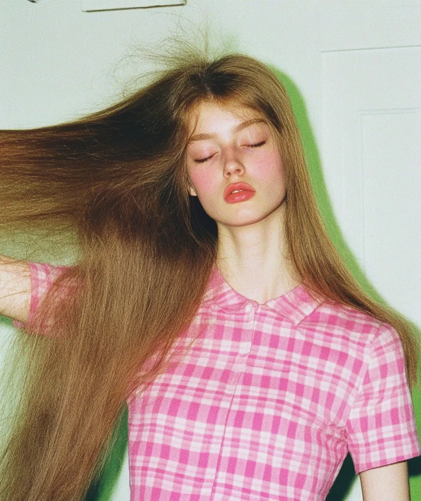 A young woman with long brown hair is wearing a pink and white plaid shirt. She is looking down with her eyes closed and has light pink blush on her cheeks. The photo has a vintage aesthetic and was likely taken with a film camera.