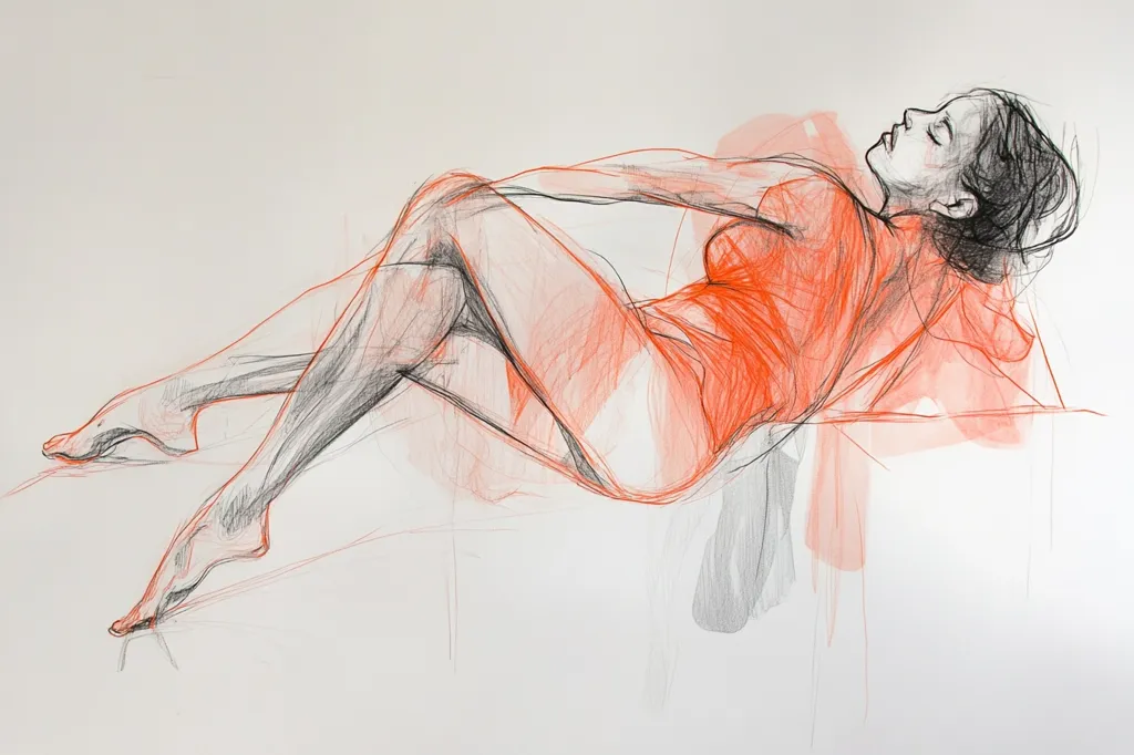 A pencil and charcoal drawing of a woman lying on her side. She is wearing a red shirt and her legs are extended out in front of her. Her eyes are closed and her hair is long and dark.  The drawing is very detailed and has a sense of movement and flow.  The use of red in the drawing draws the eye to the woman's figure, making it a powerful and captivating image.
