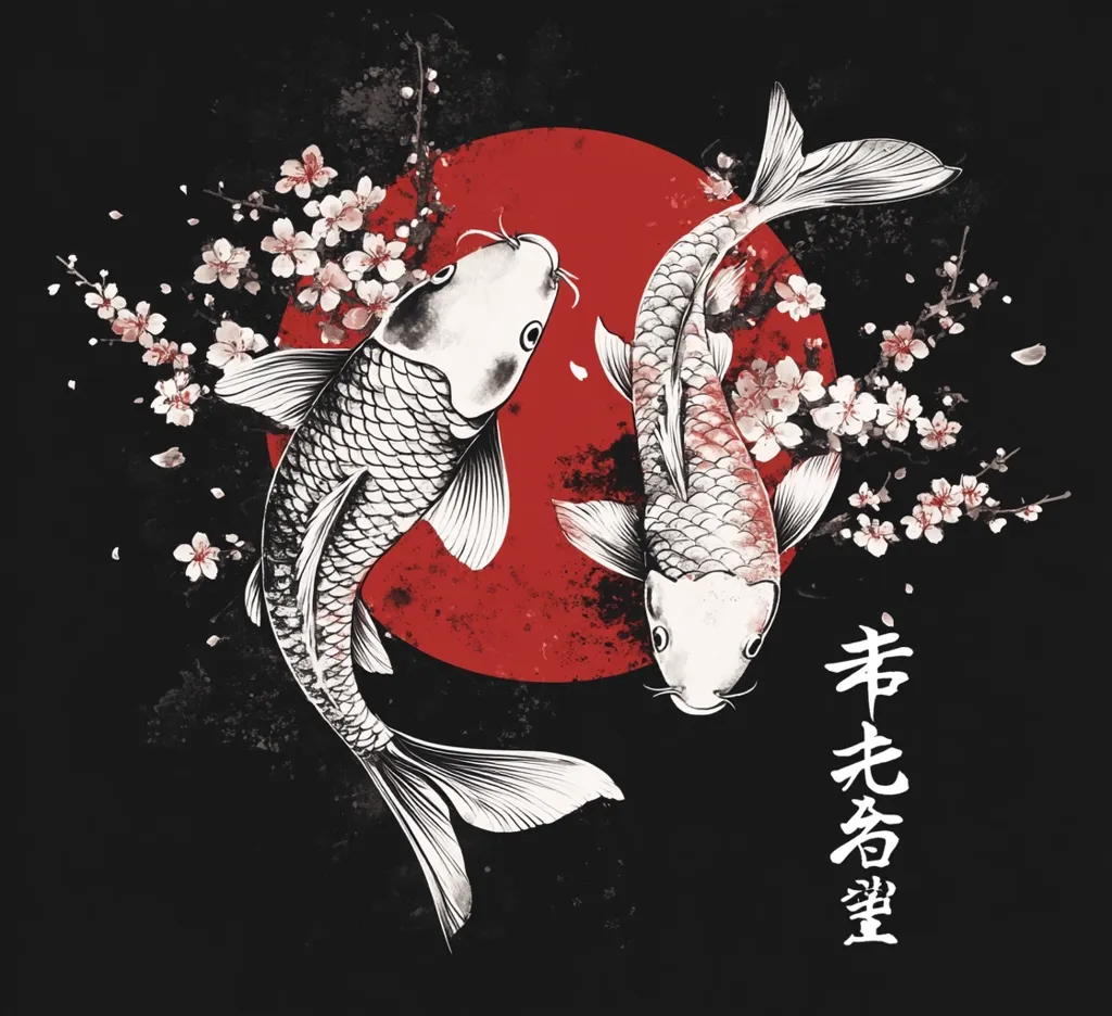 The image depicts two white koi fish swimming around a large red circle. The fish are drawn in a detailed, realistic style, with black and white lines. The background is black, with a few white cherry blossoms scattered around the fish. The red circle represents the rising sun, a symbol of good luck and prosperity in Japanese culture. The kanji characters in the bottom right corner likely translate to \