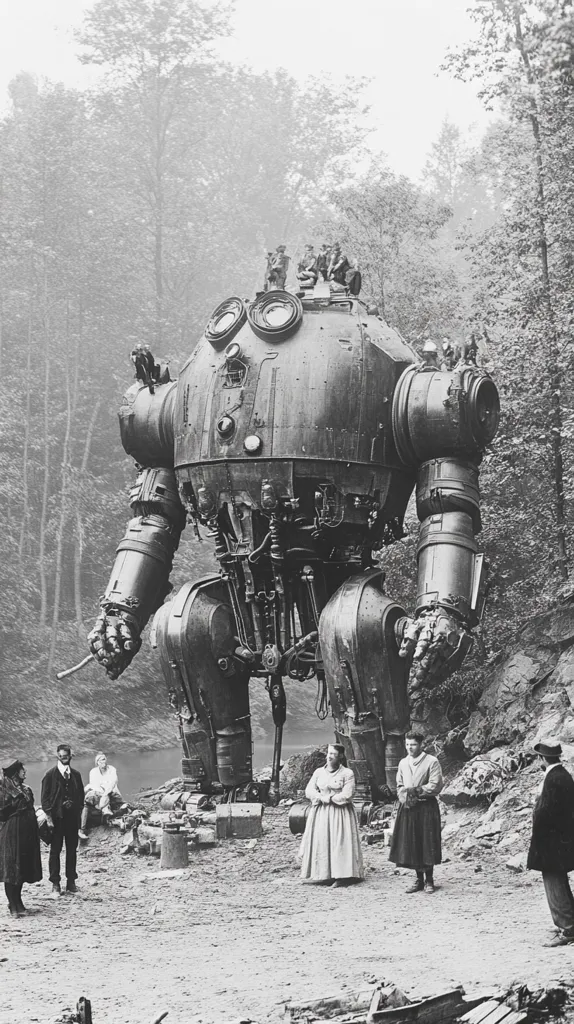 A large, imposing, mechanized, steam-powered robot stands in a wooded area, its intricate gears and machinery visible. Several people stand nearby, dwarfed by the robot's size. The photograph is black and white, creating a stark contrast between the robot and its surroundings. The scene evokes a sense of awe and wonder at the robot's power and complexity.