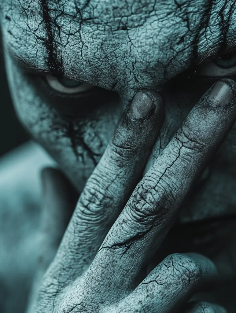 The image shows a close-up of a person's face and hand, both covered in a cracked, gray substance. The person's eye is visible, and their expression is intense and unsettling. The image is dark and atmospheric, suggesting decay and decay.  The cracked texture of the skin makes the person appear monstrous. The image is likely intended to evoke fear and disgust.