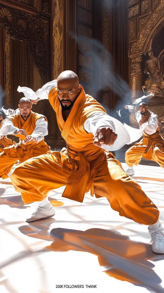 A man in an orange martial arts uniform stands in a fighting pose, with his fist outstretched. He is surrounded by other men in similar uniforms, with a background of ornate golden architecture. The image captures a sense of power and determination, with a dramatic lighting effect that highlights the man's face. The setting suggests a training ground or a temple, emphasizing the spiritual and physical aspects of martial arts.