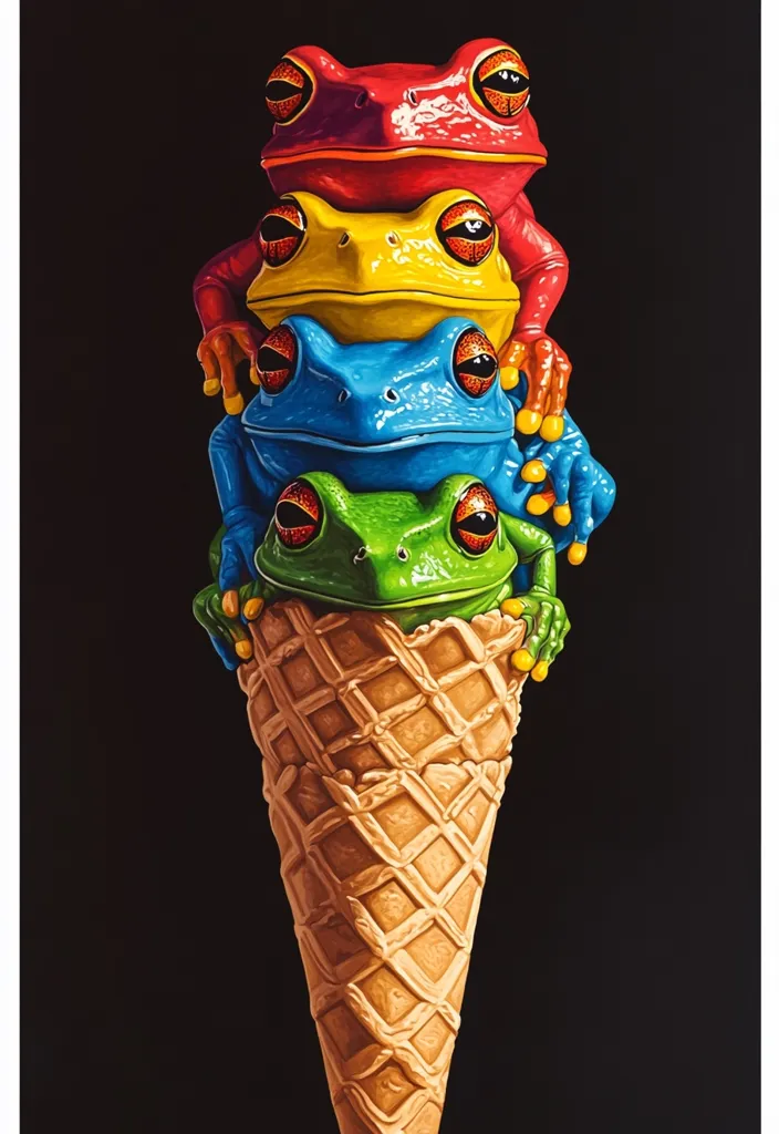 Four frogs, one red, one yellow, one blue, and one green, are stacked on top of each other in a waffle cone. Their bulging eyes and bright colors contrast with the dark background. The bottom frog, a bright green, is peeking out from the cone's opening, while the other three frogs are carefully balanced on top of it.