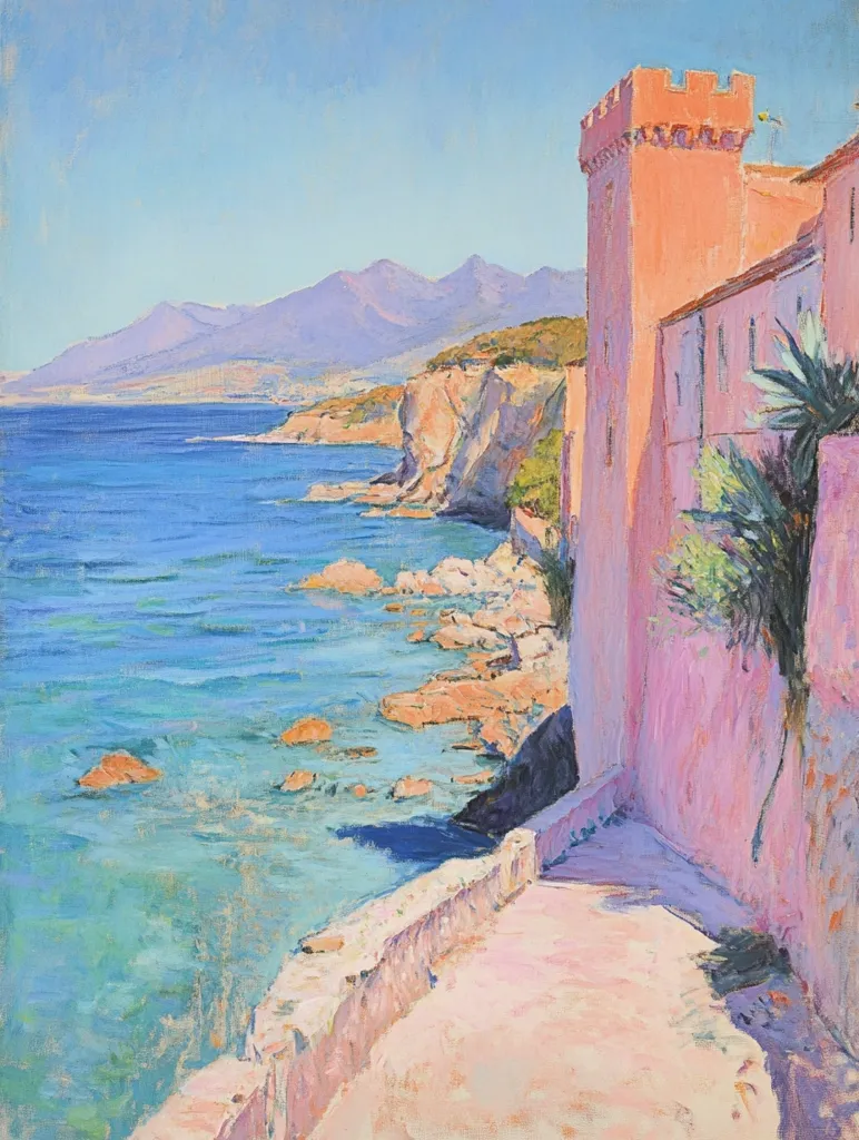 A pink-hued building stands on a cliff overlooking a sparkling blue sea. The coastline is rocky, with a path winding through the building's shadow. Lush green trees dot the hillside, and a mountain range peaks in the distance.  The bright sun casts long shadows and illuminates the scene. The painting captures a serene Mediterranean landscape, evoking a sense of tranquility and warmth.