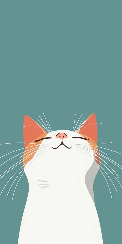A simple, minimalist illustration of a white cat with orange ears, a pink nose, and closed eyes. The cat has a wide, happy smile. It is set against a soft blue background. The cat's whiskers are white, long, and thin. The illustration is playful and cute.