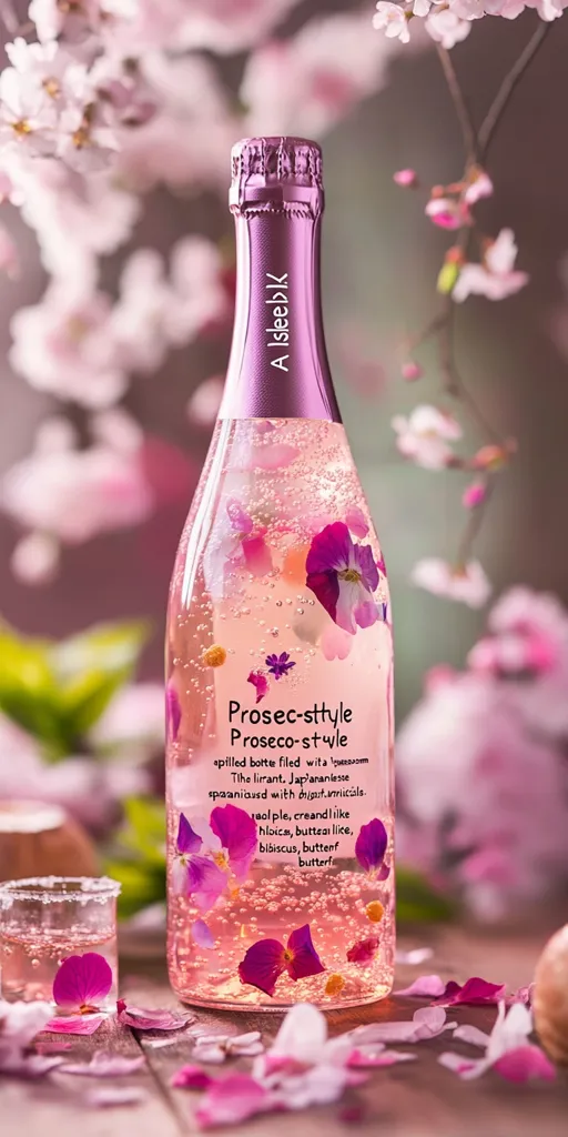 A bottle of pink prosecco-style sparkling wine with a pink cap and label. The bottle is filled with pink flower petals and bubbles, and the label reads "Prosecco-style" and describes the ingredients. There are pink flower petals scattered around the bottle and a small glass with a pink drink on a wooden surface. The background is blurred with pink flowers.