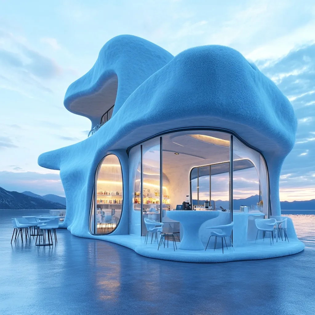 A futuristic, organic-shaped cafe with large windows sits on a deck overlooking a body of water. The building is a light blue color, with a smooth, rounded exterior and a glass-enclosed interior. Modern furniture sits on the deck, and the water reflects the sky and mountains in the distance. The cafe is lit from within, creating a warm glow against the evening sky.