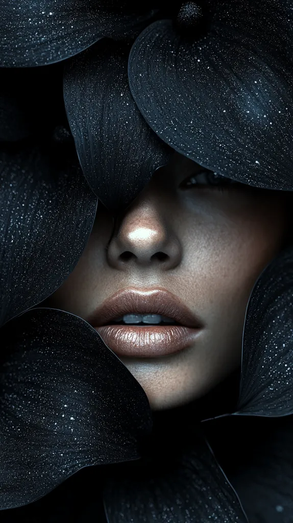A woman's face is partially obscured by large, dark, wet leaves. The leaves have a textured surface and are covering the woman's forehead, eyes, and nose. Only her mouth and chin are visible, revealing a soft, pink lip and smooth skin. The overall image is dark and mysterious, with a sense of intrigue and allure.  The  contrast between the dark leaves and the pale skin creates a striking visual effect.