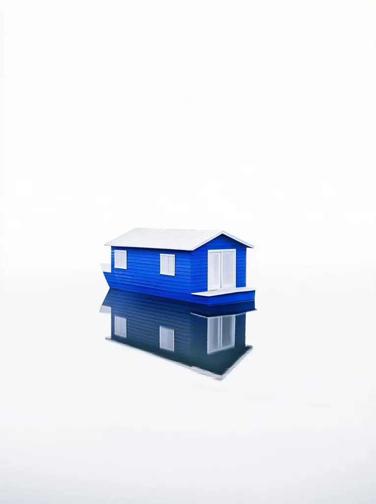A small, blue houseboat with a white roof sits on the surface of a calm lake. The water reflects the houseboat perfectly, creating a mirrored image. The background is a stark white, highlighting the contrast between the blue houseboat and the serene water. The scene is minimalist and peaceful, with the houseboat the focal point of the image.